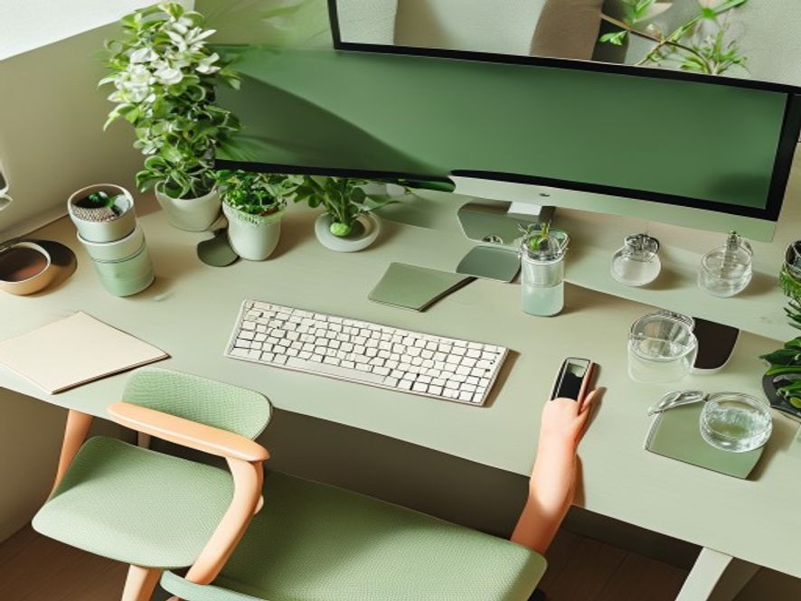 Ergonominen työpöytä yläkuvasta, oikeat kulmat ja etäisyydet merkittyinä