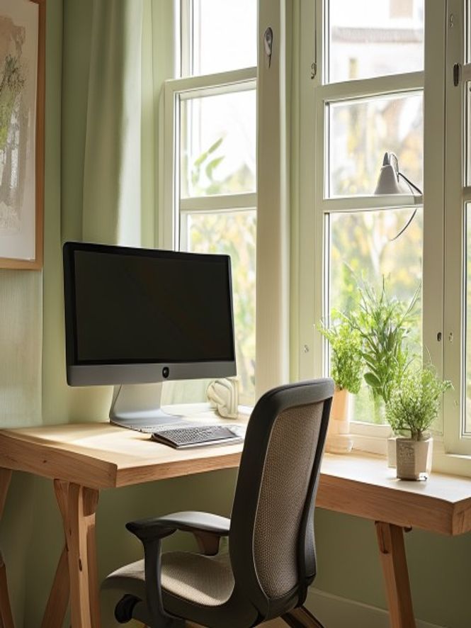 Ergonominen työpöytä luonnollisessa valossa, näytöt oikealla korkeudella, tuoli kunnolla säädettynä
